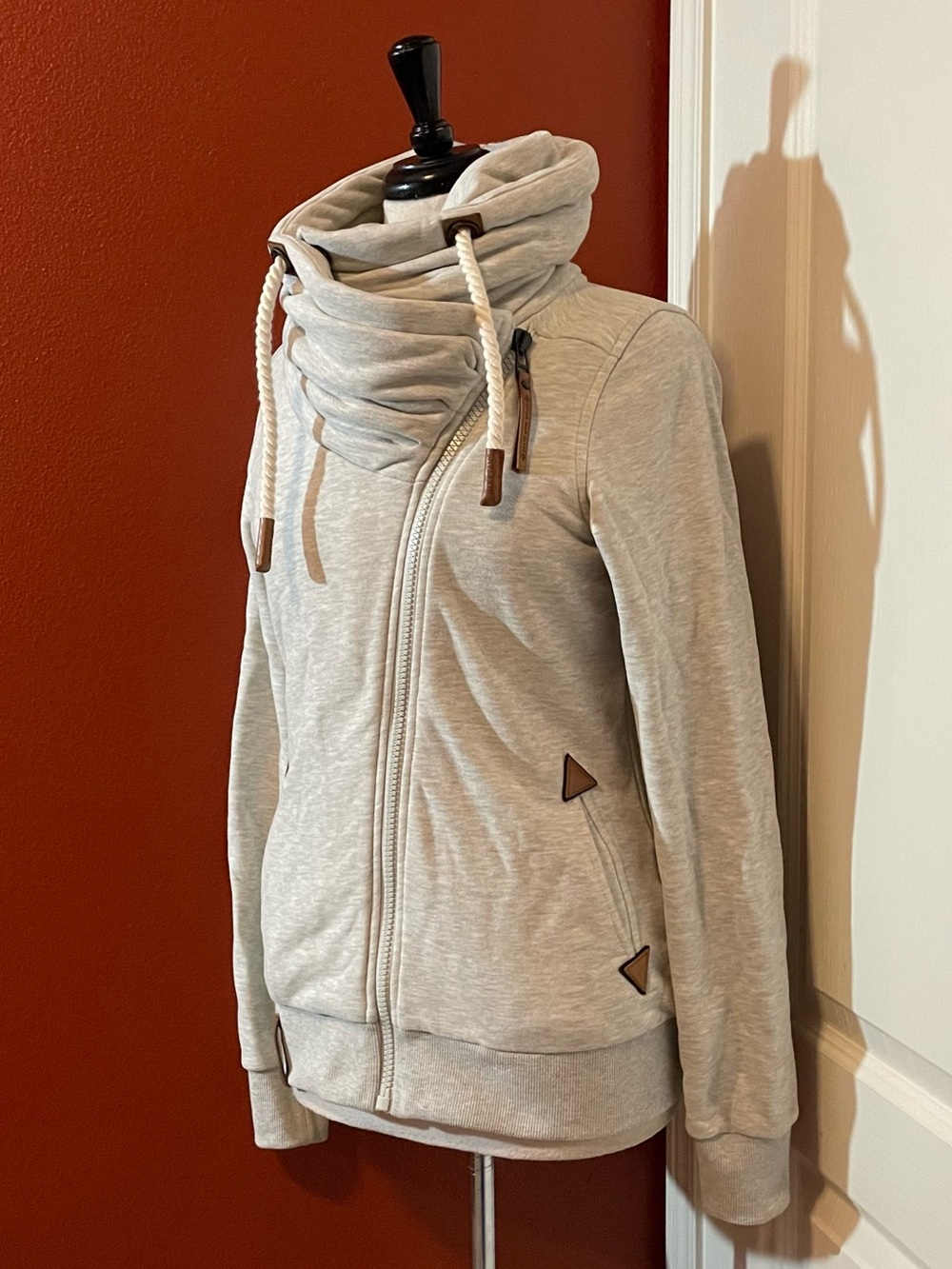 Naketano Women’s Path Cowl Neck Heather Stone Gray Melange Full Zip Sweatshirt